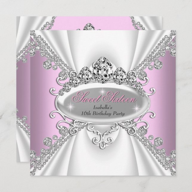 Invitation Sweet 16 Anniversaire Princesse Diamants Rose Tiar (Devant / Derrière)