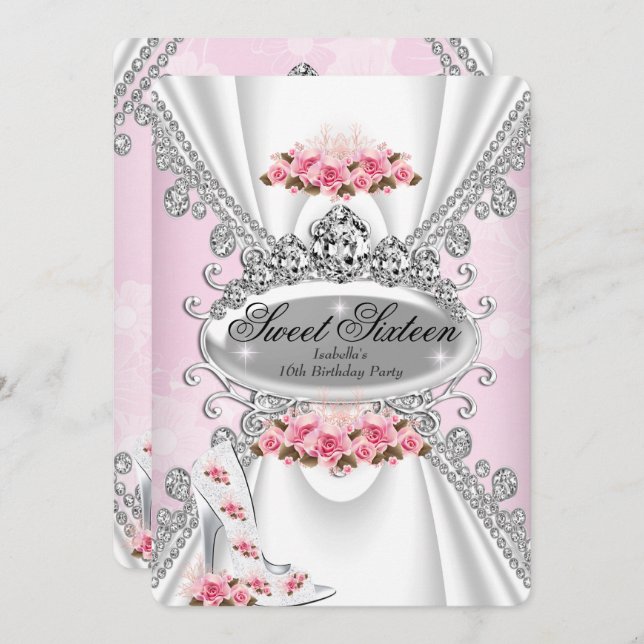 Invitation Sweet 16 Anniversaire Princesse Rose Tiara Rose Ta (Devant / Derrière)