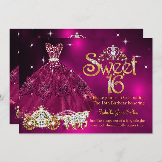 Invitation Sweet 16 Anniversaire prune Robe Rose Tiara Carria (Devant / Derrière)