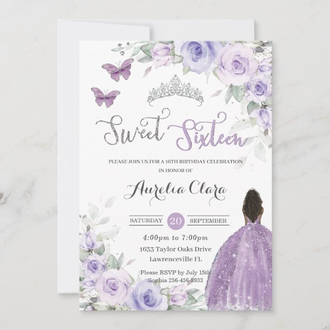 Invitation Sweet 16 Anniversaire Purple Floral Brown Princess (Devant)