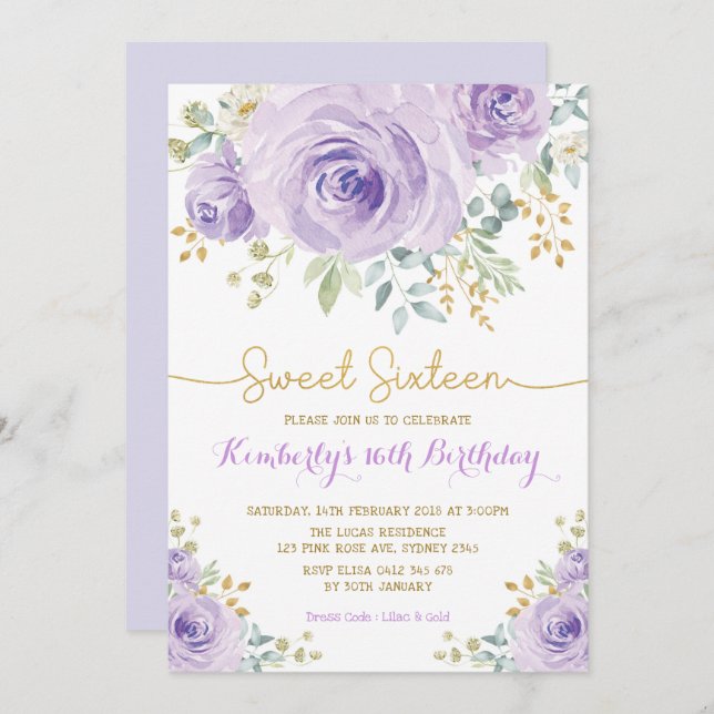 Invitation Sweet 16 Anniversaire Purple Gold Sweet sixteen Fl (Devant / Derrière)