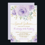 Invitation Sweet 16 Anniversaire Purple Gold Sweet sixteen Fl<br><div class="desc">Ce design féminin présente de magnifiques roses d'aquarelle violet aux accents de feuilles d'or</div>
