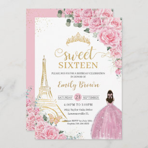 Invitation Sweet 16 Anniversaire Rose Floral Paris Eiffel Gol