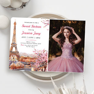 Invitation Sweet 16 Anniversaire Rose Floral Paris Eiffel Pho
