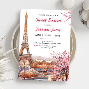Invitation Sweet 16 Anniversaire Rose Floral Paris Tour Eiffe