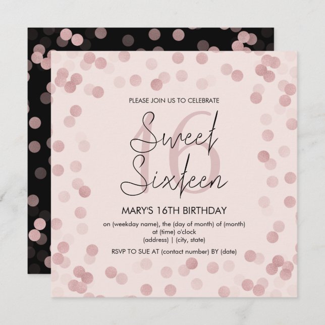 Invitation Sweet 16 Anniversaire Rose Gold Glam Parties scint (Devant / Derrière)
