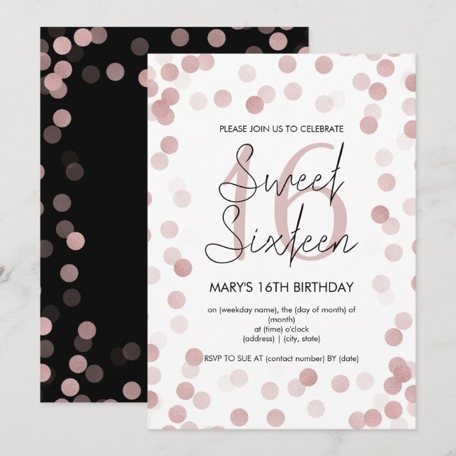 Invitation Sweet 16 Anniversaire Rose Gold Glam Parties scint (Devant / Derrière)