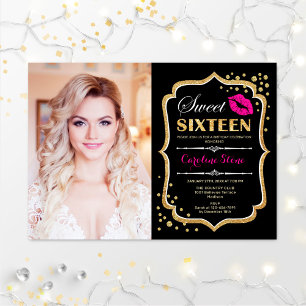 Invitation Sweet 16 Anniversaire Rose Kiss Gold Black Photo
