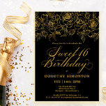 Invitation Sweet 16 Anniversaire Rose or Floral Noir<br><div class="desc">Les élégants roses en or à ligne ouverte créent la bordure supérieure parfaite. L'arrière - plan noir donne dans un charme spectaculaire et la calligraphie ajoute une touche luxueuse. Cette invitation fait partie de la Luxe Gold Rose Collection. Il contient des modèles pour la papeterie de suite d'anniversaire, des panneaux...</div>