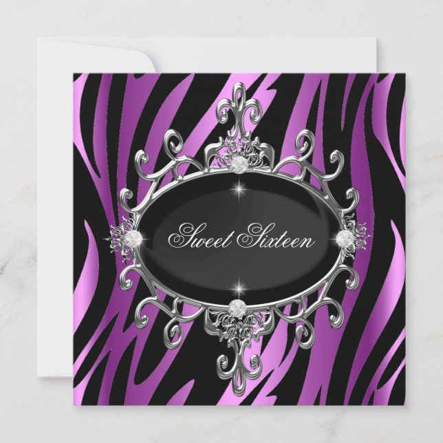 Invitation Sweet 16 Anniversaire rose pourpre Zebra Black Str (Devant)