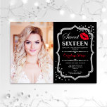 Invitation Sweet 16 Anniversaire Rouge Baiser Argent Photo No<br><div class="desc">Red Kiss Silver Black Photo Sweet 16 Anniversaire. Sweet sixteen invitation fête d'anniversaire avec votre photo. Caractéristiques police de script,  lèvres baiser et confetti. Design noir rouge élégant avec fausse parties scintillant argent. Idéal pour une élégante fête du 16ème anniversaire.</div>