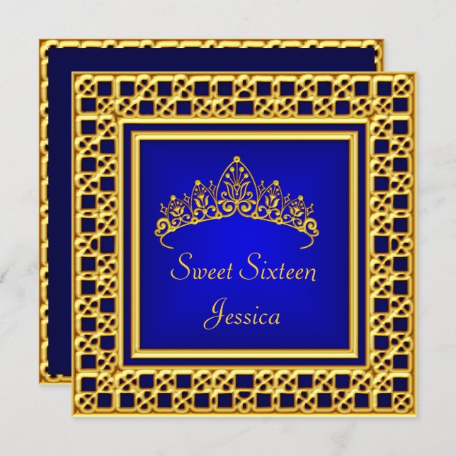 Invitation Sweet 16 Anniversaire Royal Blue Gold Silver Tiara (Devant / Derrière)
