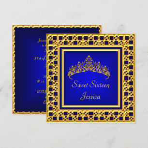 Invitation Sweet 16 Anniversaire Royal Blue Gold Silver Tiara