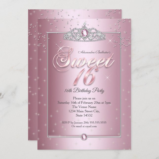 Invitation Sweet 16 Anniversaire Soirée Diamant Rose Silver T (Devant / Derrière)