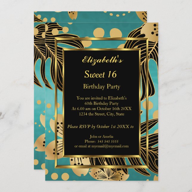 Invitation Sweet 16 Anniversaire Soirée Or Turquoise noir flo (Devant / Derrière)