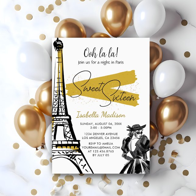 Invitation Sweet 16 Anniversaire Tour Eiffel Nuit en Or à Par (Sweet 16 Birthday Eiffel Tower Night in Paris Gold Invitation
)