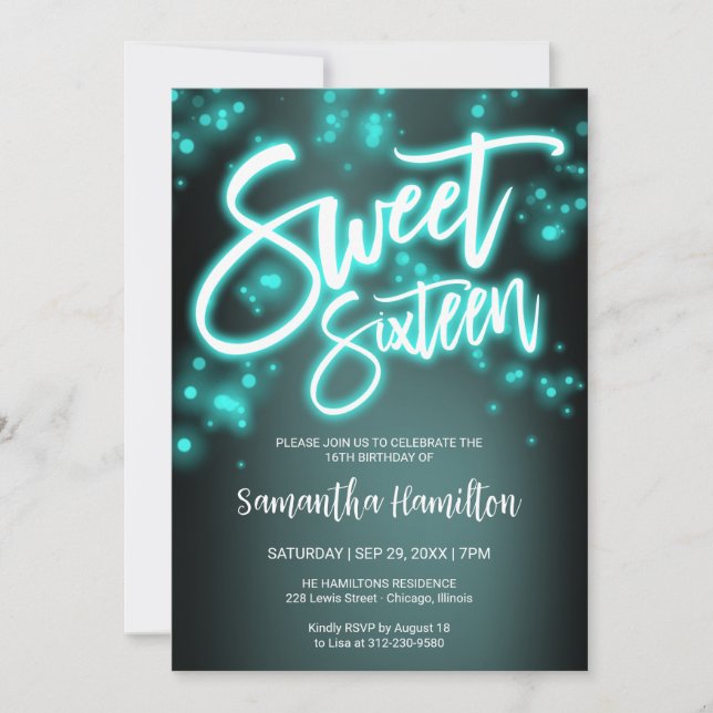 Invitation Sweet 16 Anniversaire Turquoise Neon Glow Dark Par (Devant)