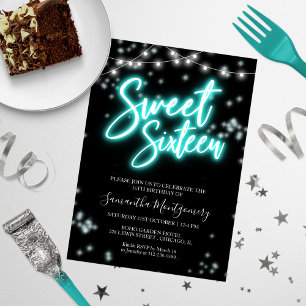 Invitation Sweet 16 Anniversaire Turquoise Neon Glow Dark Par
