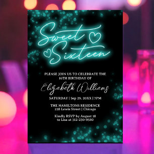 Invitation Sweet 16 Anniversaire Turquoise Neon Glow Dark Par