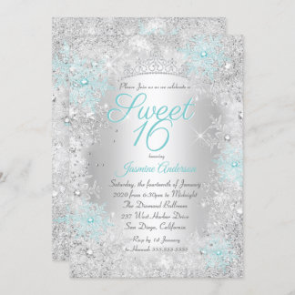 Invitation Sweet 16 Anniversaire Turquoise Silver Winter Wond
