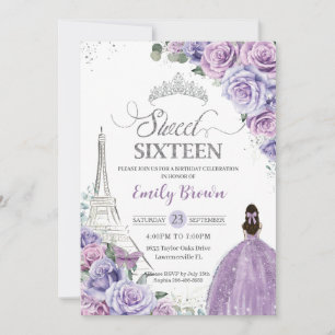 Invitation Sweet 16 Anniversaire Violet Floral Paris Tour Eif