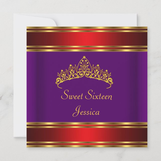 Invitation Sweet 16 Anniversaire violet Rouge Or Tiara (Devant)