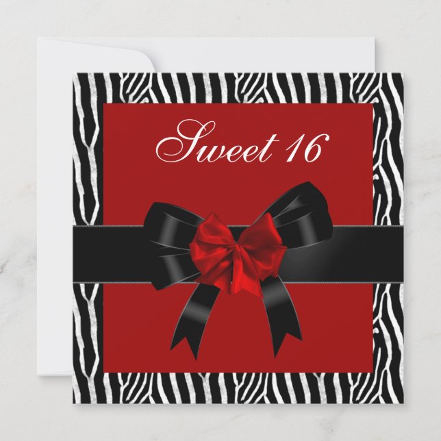 Invitation Sweet 16 Anniversaire Zebra Rouge Noir Blanc Bow (Devant)
