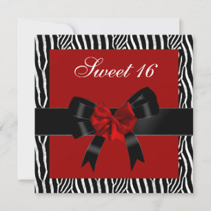 Invitation Sweet 16 Anniversaire Zebra Rouge Noir Blanc Bow