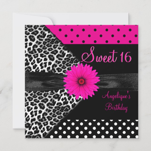 Invitation Sweet 16 Anniversaire Zebra Spot Polka Point (Devant)
