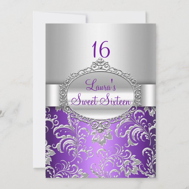 Invitation Sweet 16 Annonces florales violettes et argentées (Devant)