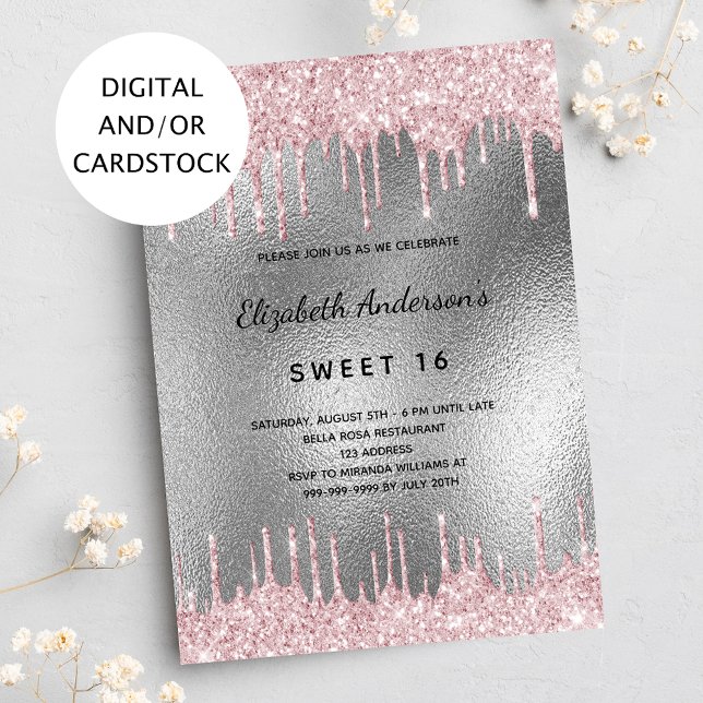 Invitation Sweet 16 ans parties scintillant argent gouttes mé (Créateur téléchargé)