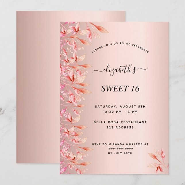 Invitation Sweet 16 ans rose or rose florales (Devant / Derrière)