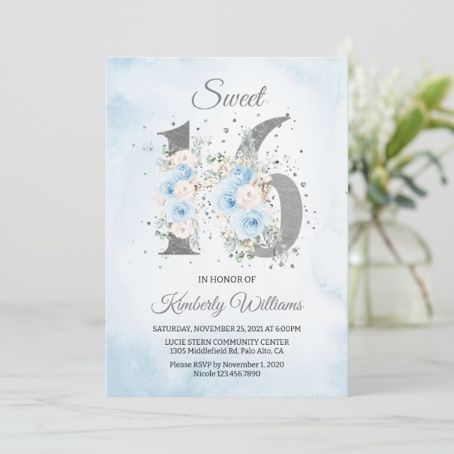 Invitation Sweet 16 Aquarelle Bébé thème bleu (Debout devant)