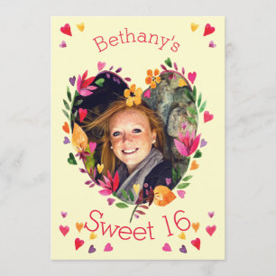 Invitation Sweet 16 Aquarelle Floral Heart Wreath Photo