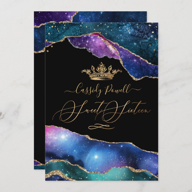 Invitation Sweet 16, Aquarelle Galaxy Agate Faux Gold  (Devant / Derrière)