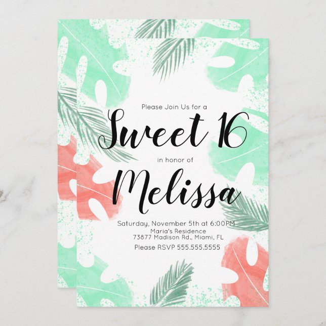 Invitation Sweet 16 Aquarelle Monstera Coral Mint Feuille (Devant / Derrière)
