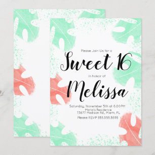 Invitation Sweet 16 Aquarelle Monstera Coral Mint Feuille