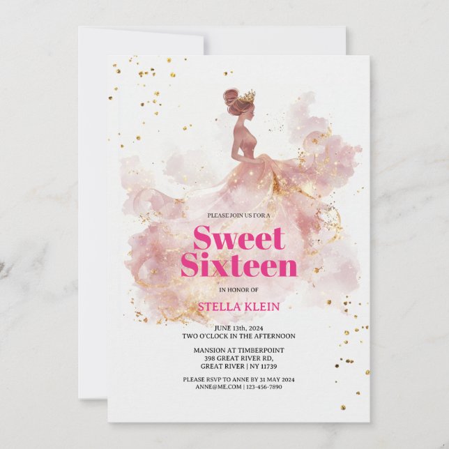Invitation Sweet 16 Aquarelle or et Parties scintillant rose (Devant)