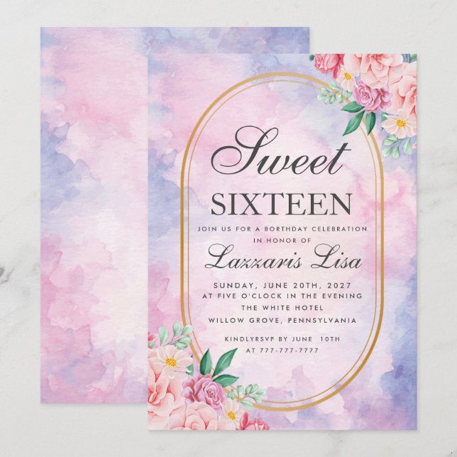 Invitation Sweet 16 Aquarelle rose & blanc Floral Anniversair (Devant / Derrière)