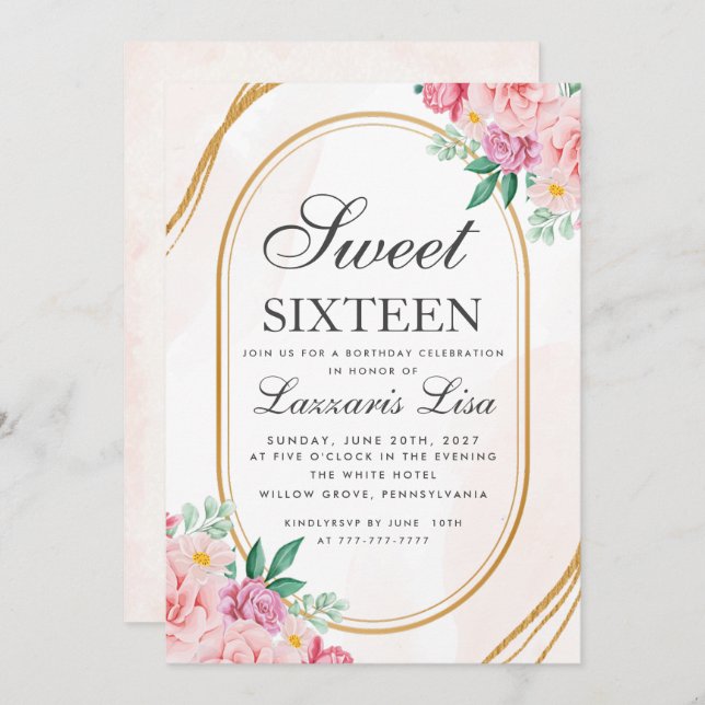 Invitation Sweet 16 Aquarelle rose Floral Fille Anniversaire (Devant / Derrière)