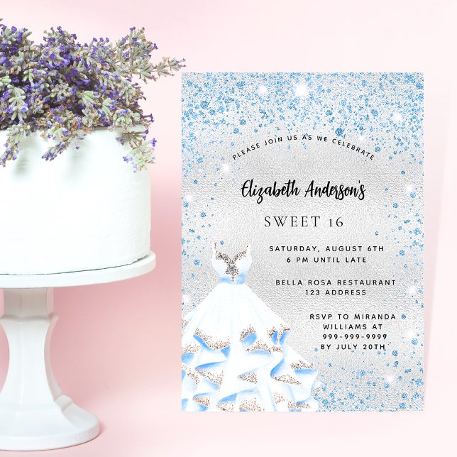 Invitation Sweet 16 argent bleu scintille de fête luxe (Créateur téléchargé)
