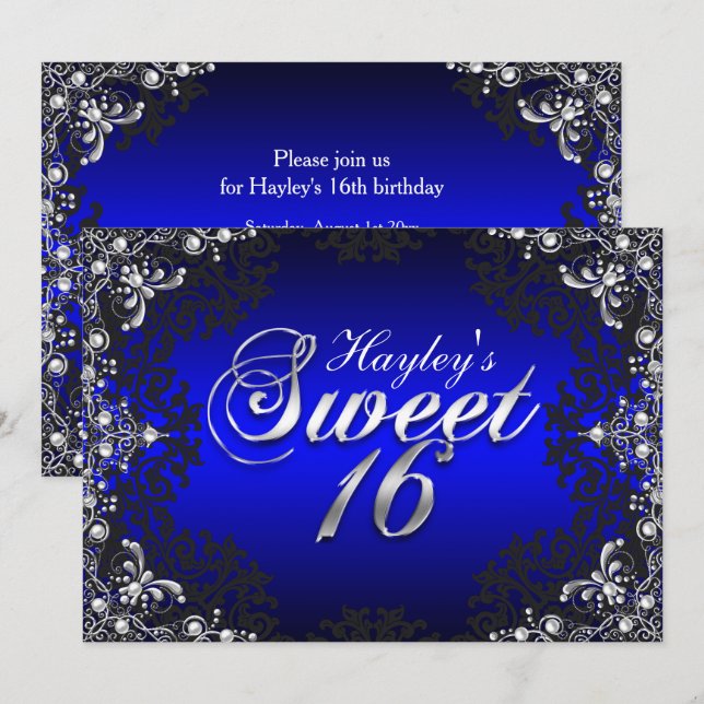 Invitation Sweet 16 Argent Noir Bleu Perle Damassé (Devant / Derrière)