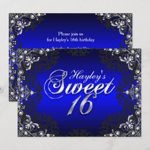 Invitation Sweet 16 Argent Noir Bleu Perle Damassé