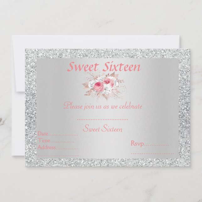 Invitation Sweet 16 argent rose pêche floral (Devant)