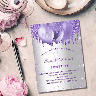 Invitation Sweet 16 argent violet parties scintillant ballons