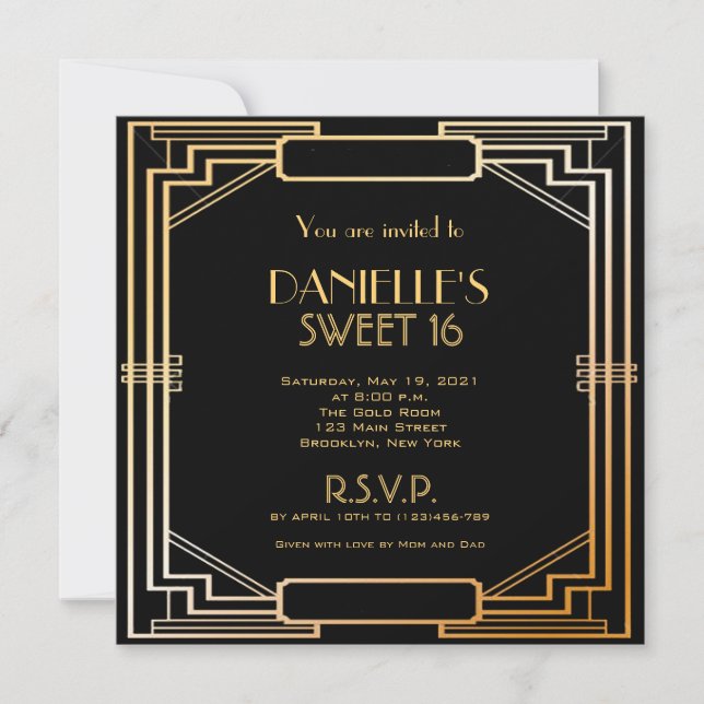 Invitation Sweet 16 Art Déco inspirée du Gatsby le (Devant)