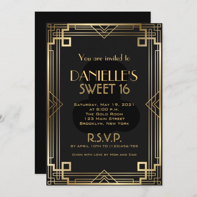 Invitation Sweet 16 Art Déco inspirée du Gatsby le (Devant / Derrière)