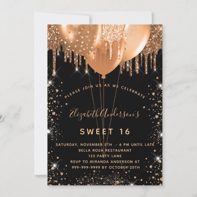 Invitation Sweet 16 ballons de parties scintillant en or noir (Devant)