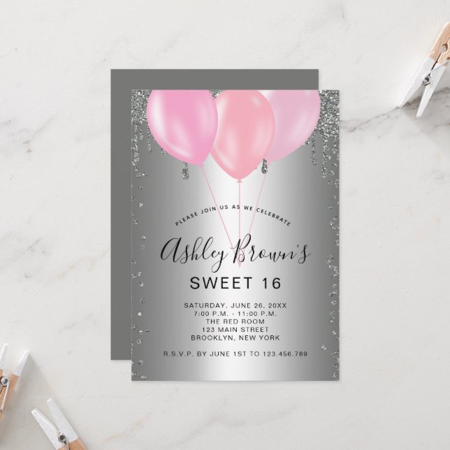 Invitation Sweet 16 Ballons de Parties scintillant rose argen (Devant/Arrière en situation)