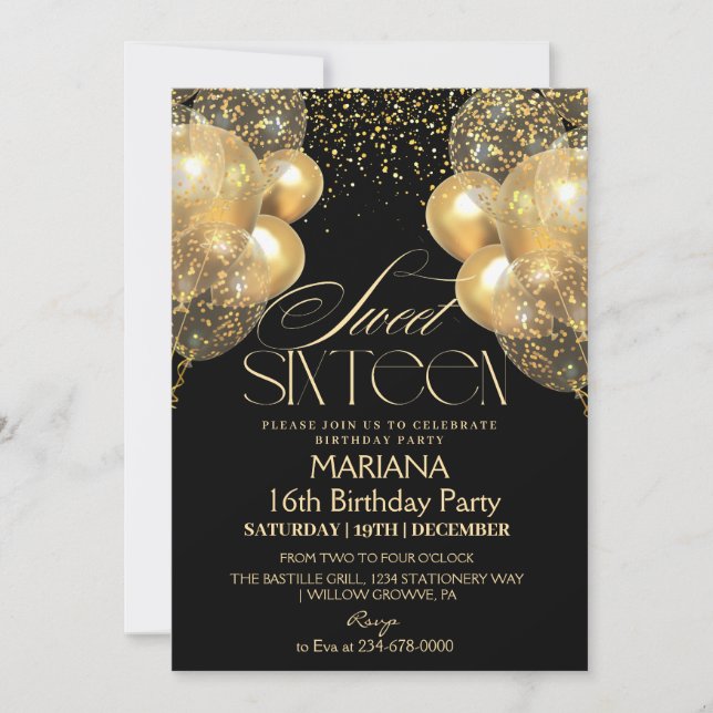 Invitation Sweet 16 Ballons Noir & Or Photo Anniversaire (Devant)